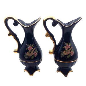 Vintage Porcelain Quail Ewer Pitcher Set of 2 Floral Dark Blue Gold Trim Decor